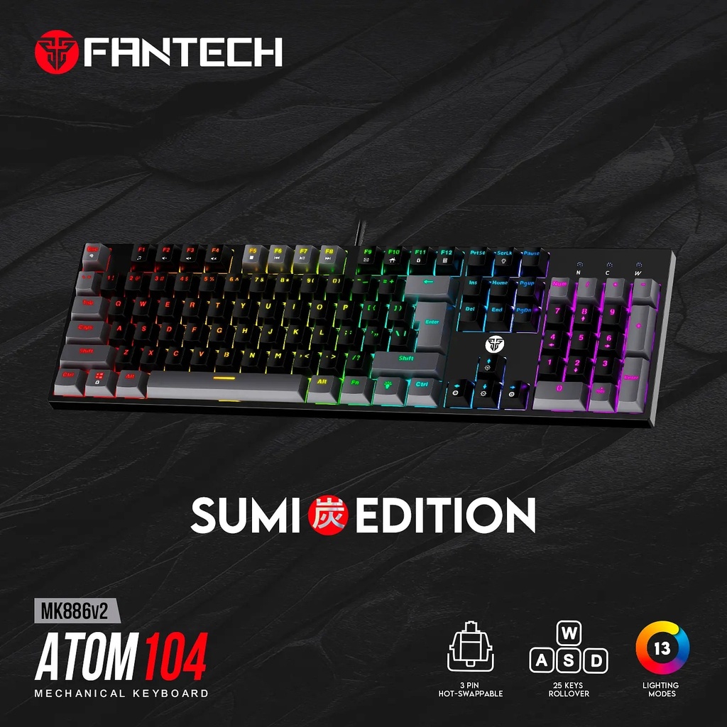 Teclado Gaming Fantech (Mod.MK886 ATOM NEGRO), 104 Teclas Mecanicas, RGB COLOR